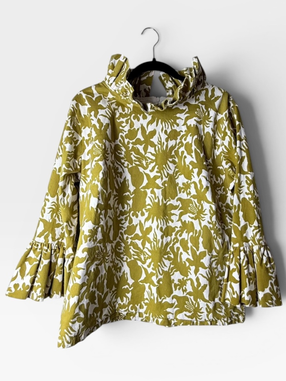 Elizabeth Wilson Ruffle Floral Blouse Size XL Green Cotton (U)